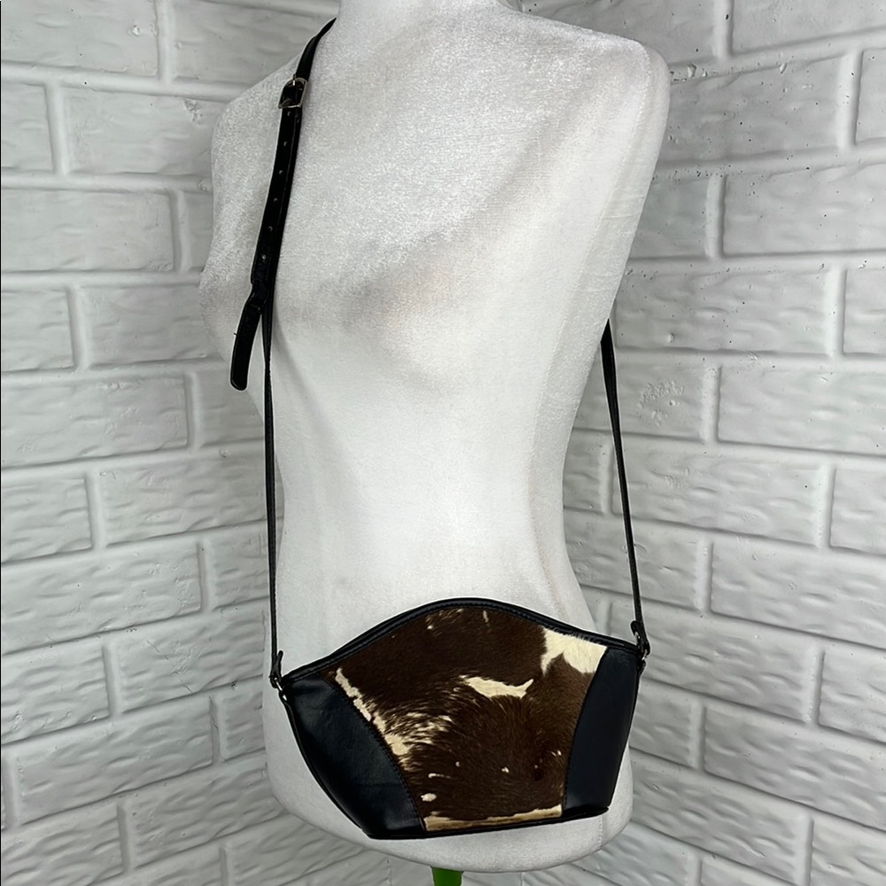 Leather Crossbody Bag with Cowhide Panel - Black and Brown